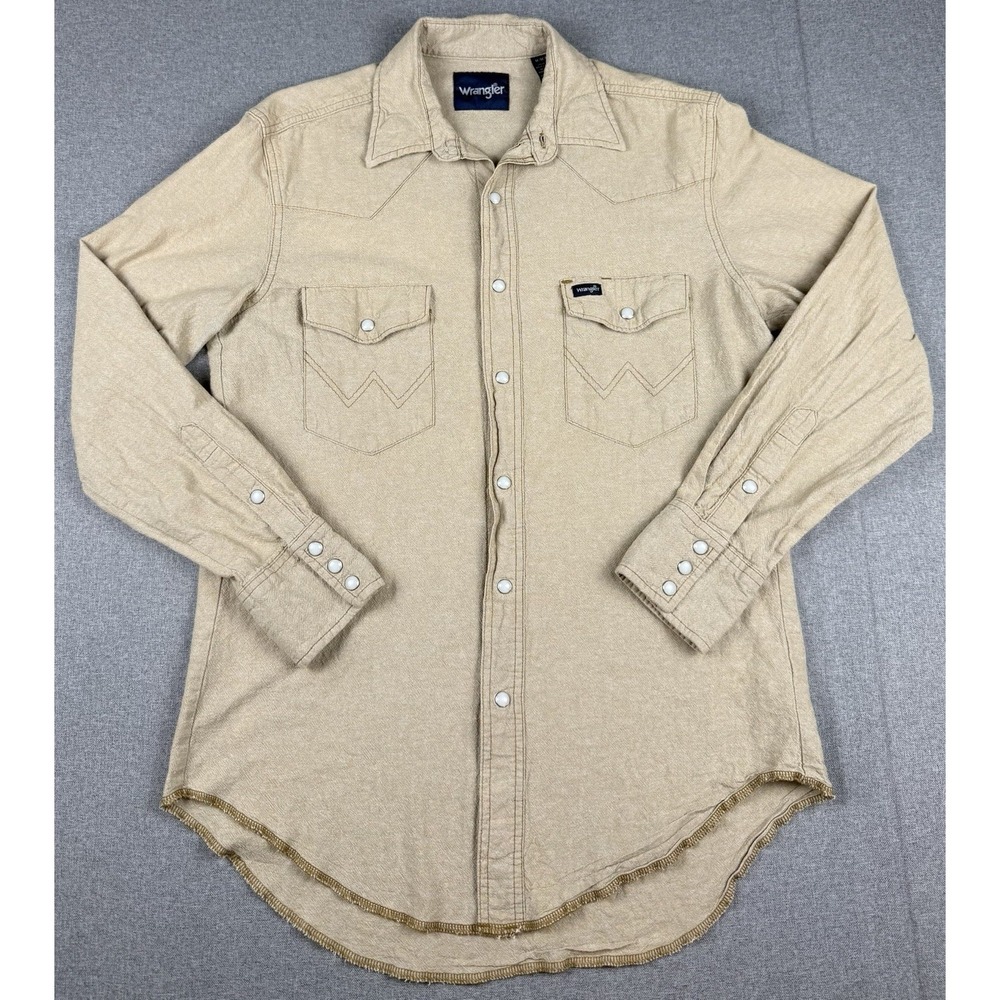 Wrangler Mens M Western Shirt Tan Pearl Snap Long Sleeve Cowboy 100% Cotton